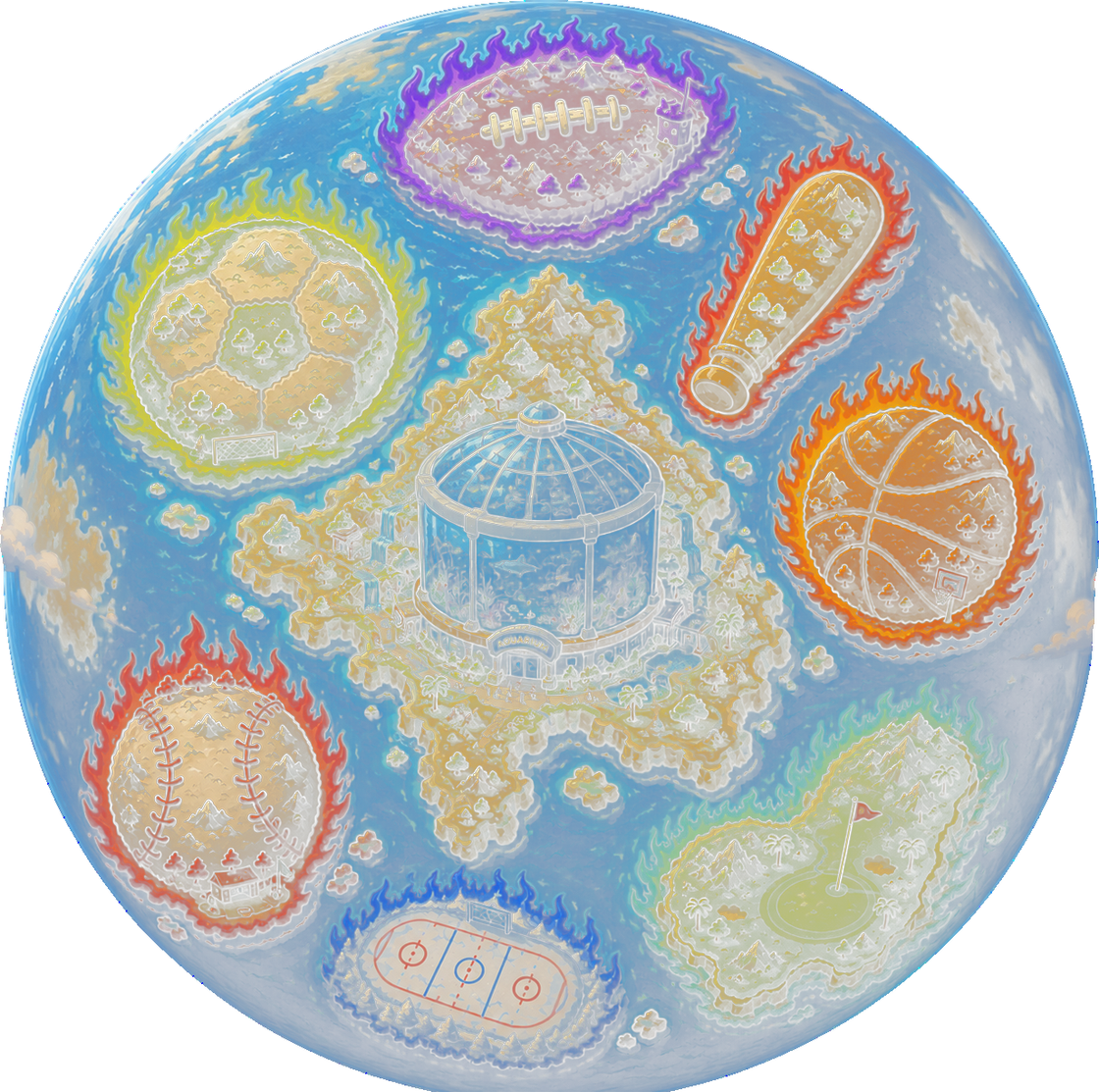 Illustrated map of the Heatchecks sports world, with themed islands for soccer, football, basketball, baseball, hockey, and golf surrounding a central aquarium